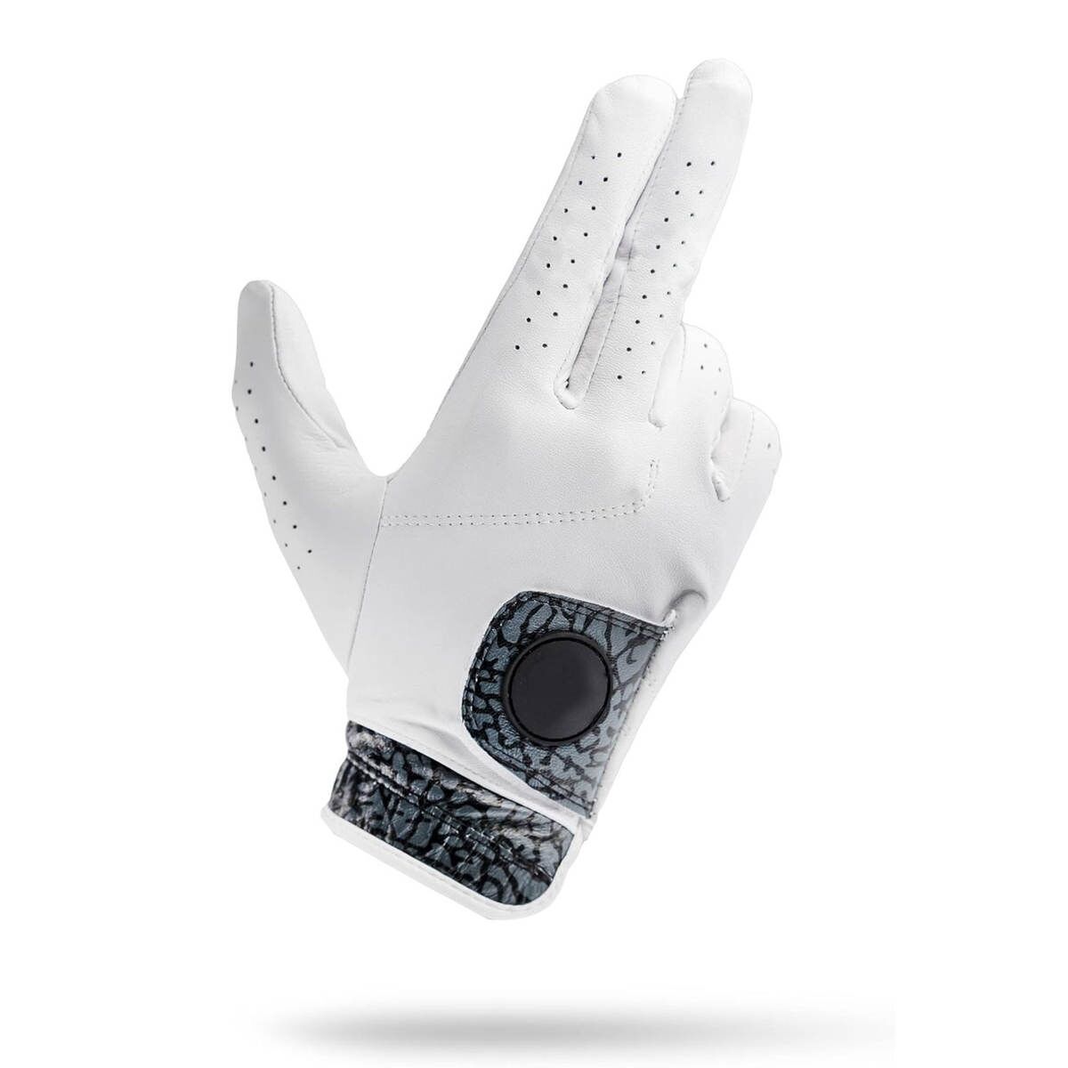 Premium cabretta leather golf glove with tour print design in black, featuring superior grip technology and quick-drying breathable material for enhanced performance